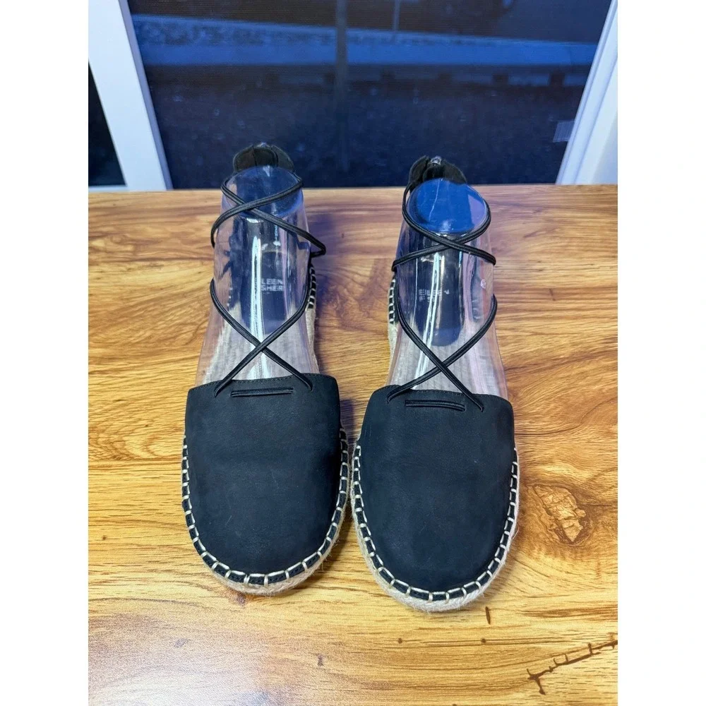 Eileen Fisher Black Lace Nubuck Lace Up Espadrille Flats Back Zip Size 8.5